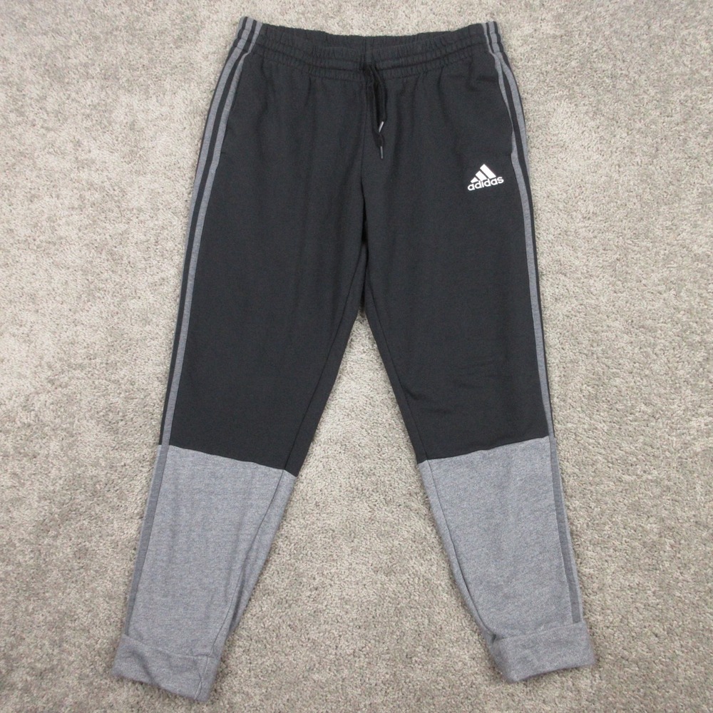 Adidas Sweatpants Mens XL Black Gray Fleece Joggers 3 Stripe Drawstring Casual